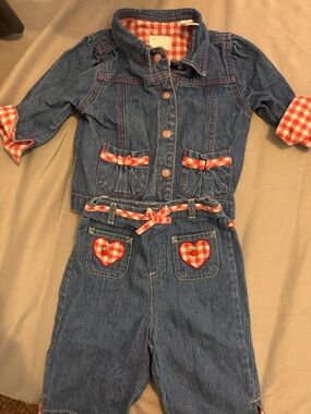 Vintage* Blue Denim Two-Piece Set with Red Gingham Trim and Cherry Details 🍒